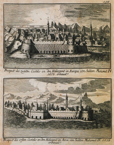 Άποψη των δύο φρουρίων που ήταν γνωστά και ως Νέα Φρούρια, στην είσοδο των Δαρδανελλίων. Τα φρούρια αυτά ανεγέρθησαν στα χρόνια του Σουλτάνου Μεχμέτ Δ΄, και σήμερα δεν σώζονται.
