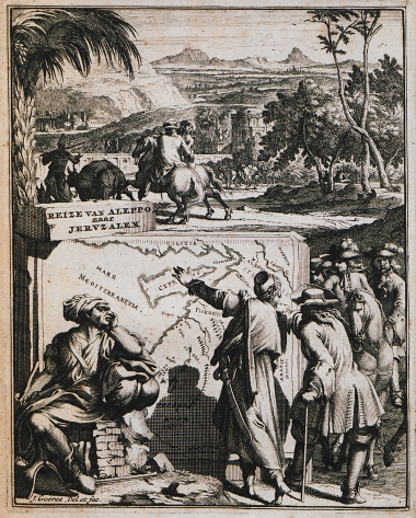 Προμετωπίδα: Χάρτης της διαδρομής του συγγραφέα. Σκηνή σχετική με το ταξίδι του συγγραφέα από το Χαλέπι στην Ιερουσαλήμ.