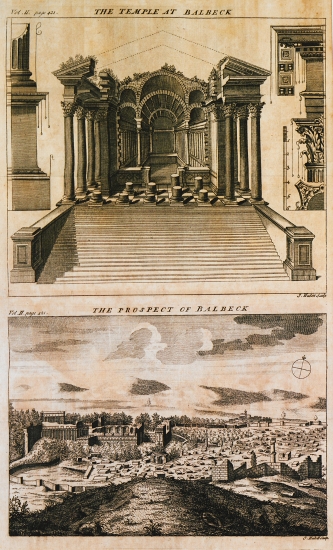 Εικ. 1. Πρόσοψη και αρχιτεκτονικές λεπτομέρειες του Ναού του Βάκχου (Μικρού Ναού) στο Μπάαλμπεκ του Λιβάνου. Εικ. 2. Άποψη του αρχαιολογικού χώρου του Μπάαλμπεκ.