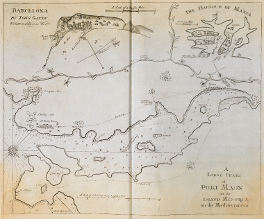 Χάρτης του αγκυροβολίου της Βαρκελώνης. Χάρτης του λιμανιού της Μάλτας. Χάρτης του λιμανιού της Μαόν στη Μενόρκα της Ισπανίας.