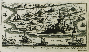 Άποψη του Δυρραχίου στην Αλβανία, κατά την πολιορκία του από τους Βενετούς, στο πλαίσιο του ΣΤ΄Βενετο-οθωμανικού πολέμου.