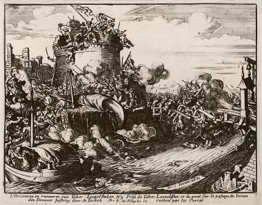 Η μάχη του Λεοπόλντστατ (σήμερα Λεοπόντοφ στη Σλοβακία) κατά τη Δεύτερη Πολιορκία της Βιέννης (1683): Δυνάμεις της Ιερής Συμμαχίας, Πολωνοί και Αυστριακοί, αναχαιτίζουν τα Οθωμανικά στρατεύματα.