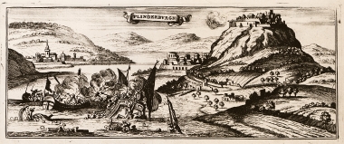 Άποψη της πόλης Βίσεγκραντ στην Ουγγαρία, με το ομώνυμο κάστρο στην κορυφή του λόφου. Στρατιωτικά σώματα των Αψβούργων βυθίζουν οθωμανικά πλοία.