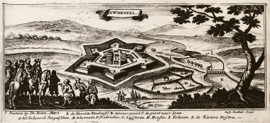 Άποψη του κάστρου του Ερσεκούιβαρ στη Σλοβακία. Στο πρώτο επίπεδο Οθωμανοί παραδίδουν την πόλη στον βασιλιά Λεοπόλδο Α΄.
