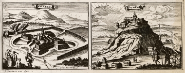 Άποψη του κάστρου του Βράμπλε στη Σλοβακία. Άποψη του κάστρου του Γκούσινγκ στην Αυστρία.