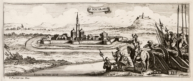 Άποψη του Τερεκσζεντμικλός στην Ουγγαρία. Στο πρώτο επίπεδο στρατεύματα των Αψβούργων ετοιμάζονται να πάρουν την πόλη από τους Οθωμανούς.