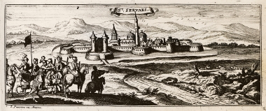 Άποψη του κάστρου Σάρβας στην Ουγγαρία. Στο πρώτο επίπεδο, σώμα του ιππικού των Αψβούργων ετοιμάζεται να πάρει το κάστρο από τους Οθωμανούς.