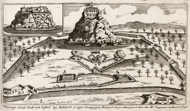 Άποψη της πόλης και του κάστρου του Μουκάτσεβε στην Ουκρανία ενώ πολιορκείται από τους Αψβούργους, κατά τη διάρκεια των επεκτατικών πολέμων της Αγίας Ρωμαϊκής Αυτοκρατορίας τον 17ο αιώνα.