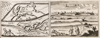 Άποψη κάστρου Νόβι Σρίν στην Κροατία. Άποψη του Σάτου Μάρε στη Ρουμανία. Στα αριστερά, έφιππος του στρατού των Αψβούργων επιτίθεται σε Οθωμανό.