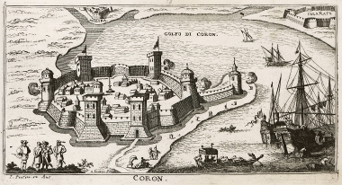 Άποψη του κάστρου της Κορώνης. Στο βάθος δεξιά το κάστρο της Καλαμάτας.