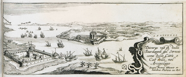 Άποψη των κάστρων Κιλίτ Μπαχίρ και Σουλτανιγιέ στην ευρωπαϊκή και ασιατική ακτή των Δαρδανελίων αντιστοίχως.