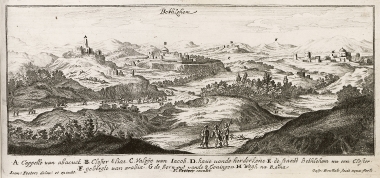 Άποψη της Βηθλεέμ και των περιχώρων της, όπου σημειώνονται ορισμένα από τα προσκυνήματα της περιοχής, όπως η Μονή του Προφήτη Ηλία (Β), αλλά όχι η Βασιλική της Γεννήσεως.