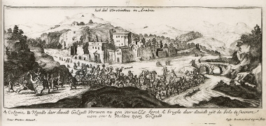 Άποψη της πόλης Μάμρε, της αρχαίας Τερεβίνθου, στην Παλαιστίνη. Σύμφωνα με την βιβλική παράδοση, στην περιοχή αυτή ο Δαβίδ νίκησε τον Γολιάθ. Στο πρώτο επίπεδο, καραβάνι Οθωμανών εμπόρων.