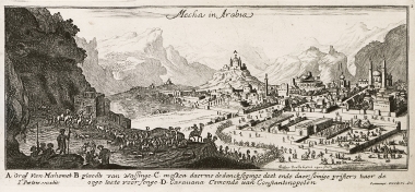 Άποψη του Ιερού Τεμένους της Μέκκας, στη Σαουδική Αραβία. Στα αριστερά, καραβάνι πιστών καταφθάνει από την Κωνσταντινούπολη.