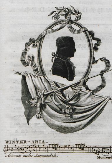 Σκιαγραφία ανδρικής μορφής, πιθανώς του Γάλλου ταξιδιώτη Λουί-Φρανσουά ντε Φεριέρ-Σωβμπέφ. Απόσπασμα άριας γραμμένης για ανδρική φωνή.
