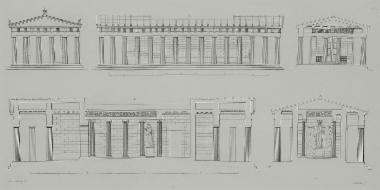 Ναός του Επικουρίου Απόλλωνα στις Βάσσες: Σχεδιαστική αποκατάσταση της πρόσοψης και του εξωτερικού περιστυλίου κατά μήκος των μακρών πλευρών του ναού. Σχεδιαστική αποκατάσταση του εσωτερικού περιστυλίου της εισόδου του ναού. Σχεδιαστική αποκατάσταση του εσωτερικού περίστυλίου κατά μήκος των μακρών πλευρών του ναού, στην οποία απεικονίζεται και η ζωφόρος, γύρω από τον σηκό. Σχεδιαστική αποκατάσταση τμήματος του σηκού, στην οποία απεικονίζεται το άγαλμα του Απόλλωνα και λίθοι της ζωφόρου.