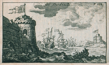 Άποψη των κάστρων Κιλίτ Μπαχίρ (αριστερά) και Σουλτανιγιέ (δεξιά) στην ευρωπαϊκή και ασιατική ακτή των Δαρδανελίων αντιστοίχως.