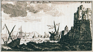 Άποψη των κάστρων Κιλίτ Μπαχίρ (δεξιά) και Σουλτανιγιέ (αριστερά) στην ευρωπαϊκή και ασιατική ακτή των Δαρδανελίων αντιστοίχως.