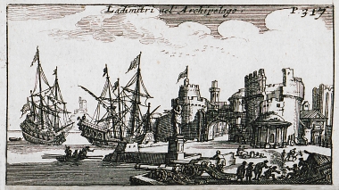 Άποψη του Αδραμυττίου στη Μικρά Ασία. Πρόκειται πιθανότατα για φανταστική απεικόνιση.