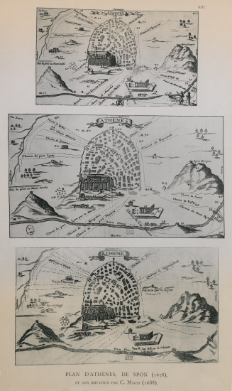 Άποψη της Αθήνας κατά τον Σπόν (1678). Άποψη της Αθήνας κατά τον Μάγκνι (1688), έργο βασιζμένο στα σχέδια του Σπόν.