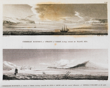 Άποψη του Κιμμερίου Βοσπόρου, ή Πορθμού του Κερτς (ο οποίος ενώνει τον Εύξεινο Πόντο με την Αζοφική Θάλασσα). Κάτω δεξιά, διακρίνεται το ηφαίστειο του Ταμάν, που οι κάτοικοι της περιοχής αποκαλούσαν Πρέκλα, δηλαδή κόλαση.