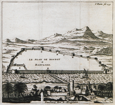 Άποψη των τειχών της Βαγδάτης. Μέχρι τα τέλη του 19ου αιώνα η Βαγδάτη ταυτιζόταν συχνά με την αρχαία Βαβυλώνα. Οι ανασκαφές στον χώρο απέδειξαν τελικώς πως η Βαβυλώνα βρίσκονταν στην αντίπερα όχθη του Τίγρη.