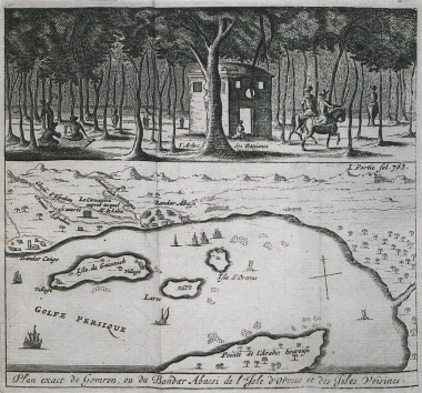 Επάνω: Περίπτερο σε δάσος από μπανανιές. Κάτω: Χάρτης του Μπαντάρ Αμπάς και των γύρω νησιών στα Στενά του Ορμούζ στο Ιράν.