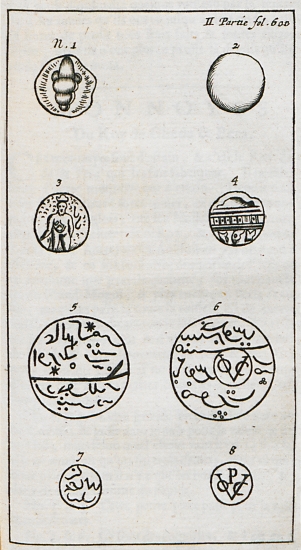 1 και 2. Νομίσματα που έκοψαν Άγγλοι έμποροι και άποικοι της περιοχής του Φρουρίου του Αγίου Γεωργίου στο Μαντράς (σήμερα Τσενάι) στην Ινδία. 3 - 8. Νομίσματα που έκοψαν οι Ολλανδοί έμποροι και άποικοι της περιοχής του Πουλικάτ (σήμερα Παζβερκαντού).