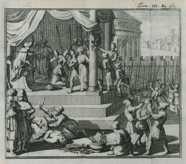 Εκτέλεση κρατουμένων δια βασανισμού στην Περσία. Στα αριστερά γυναίκα εκτελείται έχοντας ο δήμιος εγκλωβίσει λυσασμένη γάτα στα εσώρουχα της. Στο κέντρο κρατούμενος βασανίζεται με καυτά σίδερα.