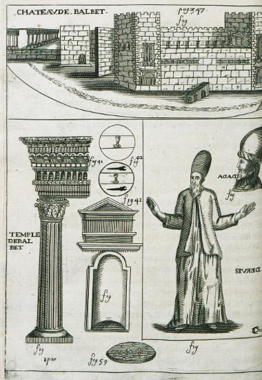 Άποψη του κάστρου της Ηλιούπολης (σήμερα Μπάαλμπεκ) στο Λίβανο, με το Ναό του Δία στο βάθος. Αρχιτεκτονικές λεπτομέρεις και λεπτομέρειες από το διάκοσμο του Ναού του Δία στο Μπάαλμπεκ. Δερβίσης και μουσουλμάνος ιερέας.