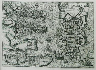 Χάρτης της μεσαιωνικής πόλης της Βαλέτας με τη Σενγκλέα και τη Βιτοριόσα στο Μεγάλο Λιμάνι. Στην ένθετη παράσταση, χάρτης της Μάλτας και του Γκόζο.