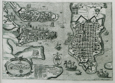 Χάρτης της μεσαιωνικής πόλης της Βαλέτας με τη Σενγκλέα και τη Βιτοριόσα στο Μεγάλο Λιμάνι. Στην ένθετη παράσταση, χάρτης της Μάλτας και του Γκόζο.