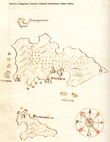 Χάρτης των Βαλεαρίδων νήσων Ντραγονέρα (πάνω), Ίμπιζα (μέση), Φορμεντέρα (κάτω).
