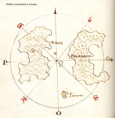 Χάρτης των νησιών Πόντζα (αριστερά) και Παρμαρόλα (δεξιά) έξω από τη Νάπολη της Ιταλίας.