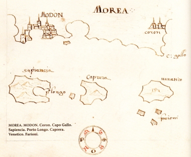 Χάρτης της Κορώνης, της Μεθώνης και των νησιών Σαπιέντζα, Σχίζα και Βενέτικο.