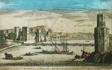 Άποψη του Κάστρου του Αγίου Γεωργίου, το οποίο ανεγέρθη στα ερείπια του Κάστρου της Τριάνα, όταν ο βασιλιάς Φερδινάνδος Γ΄της Καστίλλης κατέλαβε τη Σεβίλλη στα 1248. Στα δεξιά ο Χρυσός Πύργος της δυναστείας των Αλμοχαδών.