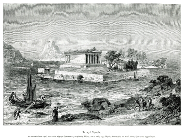 Άποψη του Πόρου στην αρχαιότητα, με τον ναό της Αθηνάς Απατουρίας (φανταστική απεικόνιση).