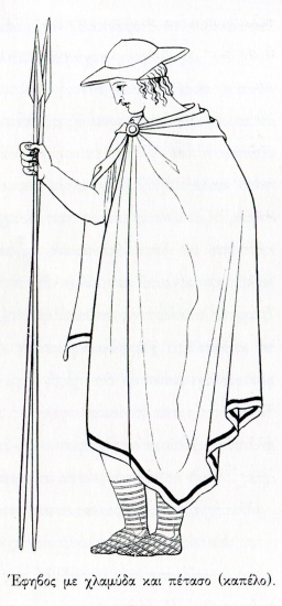 Έφηβος με χλαμύδα και πέτασο (καπέλο), παράσταση βασισμένη σε απεικονίσεις του θεού Ερμή σε αρχαία ελληνικά αγγεία.