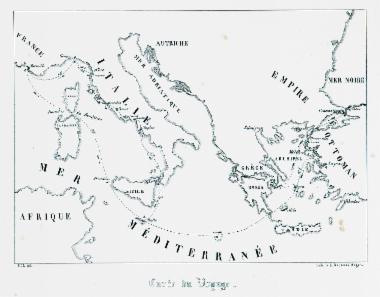 Χάρτης της Μεσογείου, στον οποίο σημειώνεται η διαδρομή του συγγραφέα.