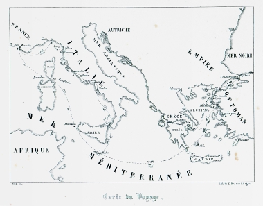 Χάρτης της Μεσογείου, στον οποίο σημειώνεται η διαδρομή του συγγραφέα.