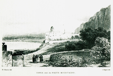 Η Μονή Οδηγητρίας Κυρίας Γωνιάς στο Κολυμβάρι Χανίων. Στο βάθος τα Λευκά όρη.