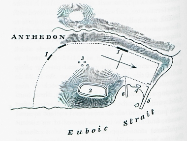 Χάρτης των ερειπίων της αρχαίας Ανθηδόνας, κοντά στο χωρίο Λουκίσια στη Βοιωτία.