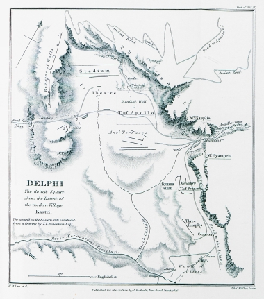 Χάρτης του αρχαιολογικού χώρου των Δελφών με το χωριό Καστρί.
