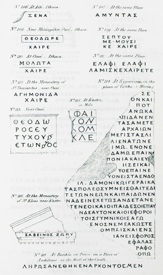 106 και 107. Αρχαίες ελληνικές επιγραφές από τον λόφο Αετό στην Ιθάκη. 108 - 111. Αρχαία ελληνική επιγραφή από την περιοχή του Περαχωρίου στην Ιθάκη. 112. Αρχαία ελληνική επιγραφή από το μοναστήρι των Ταξιαρχών στο Περαχώρι Ιθάκης. 113. Αρχαία ελληνική επιγραφή από την περιοχή του Περαχωρίου. 114. Αρχαία ελληνική επιγραφή από την Κυπαρισσία. 115. Αρχαία ελληνική επιγραφή από το κάστρο της Μήλου. 116. Αρχαία ελληνική επιγραφή από εκκλησάκι στον λόφο του Προφήτη Ηλία, κοντά στο κάστρο της Μήλου. 117. Αρχαία ελληνική επιγραφή εντειχισμένη στο κάστρο της Παροικιάς.
