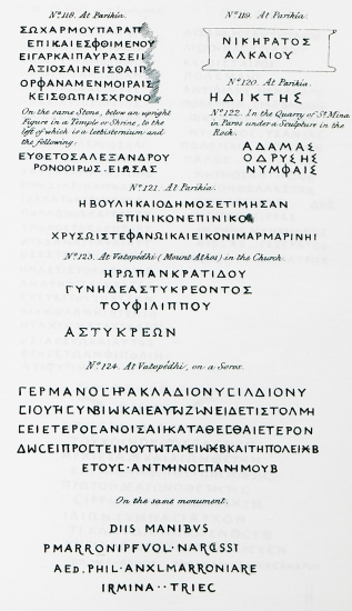 118 - 121. Αρχαία ελληνική επιγραφή από την Παροικιά. 122. Αρχαία ελληνική επιγραφή από ανάγλυφο που βρέθηκε στα λατομεία στο Μαράθι της Πάρου, κοντά στον Άγιο Μηνά. 123. Αρχαία ελληνική επιγραφή από τη Μονή Βατοπεδίου. 124. Ελληνική και λατινική επιγραφή από τη Μονή Βατοπεδίου.