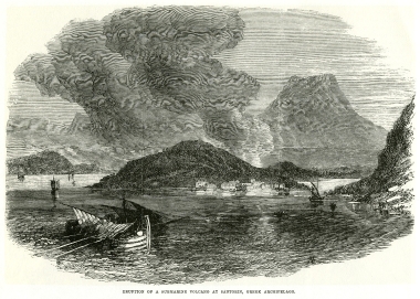 Η έκρηξη του ηφαιστείου της Σαντορίνης τον Φεβρουάριο του 1866. Διακρίνονται η Παλαιά και η Νέα Καμένη στη μέση της Καλντέρας.