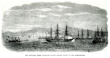 Το ατμόπλοιο Αρκάδι, σύμβολο της Κρητικής Επανάστασης, ρυμουλκείται από τουρκικά (οθωμανικά) πολεμικά πλοία προς την Κωνσταντινούπολη.