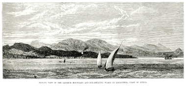 Γενική άποψη του Λαυρίου με τα λατομεία, από τη θάλασσα, 1870.