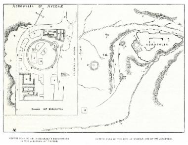 Κάτοψη των ανασκαφών του Ερρίκου Σλήμαν στην Ακρόπολη των Μυκηνών. Κάτοψη της Ακρόπολης των Μυκηνών.