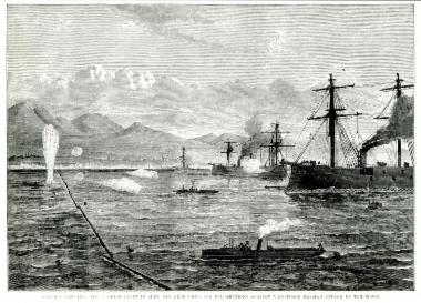 Η κρίση του Ανατολικού Ζητήματος στα 1875-78: Το οθωμανικό ναυτικό πραγματοποιεί άσκηση στη Σούδα εν όψει επικείμενης επίθεσης των Ρώσων με τορπίλες.
